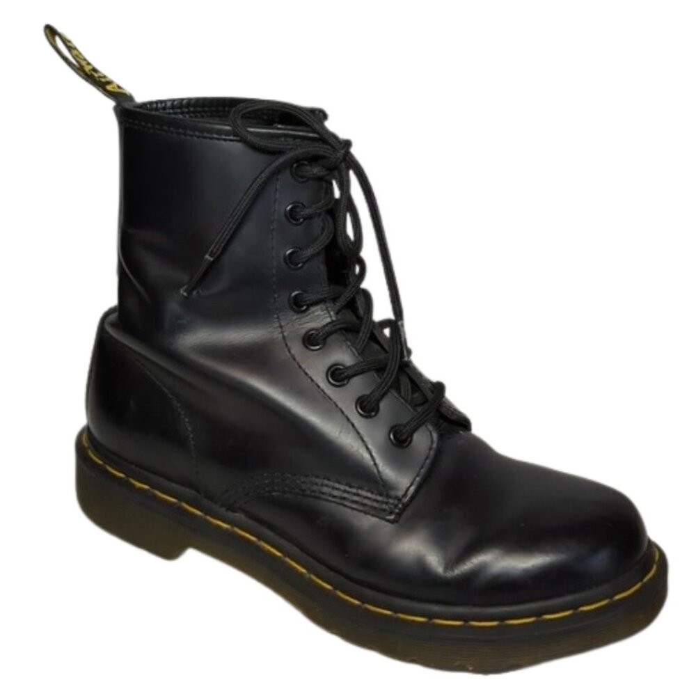 Dr. Martens Black Leather Combat Boots with Yellow Stitching